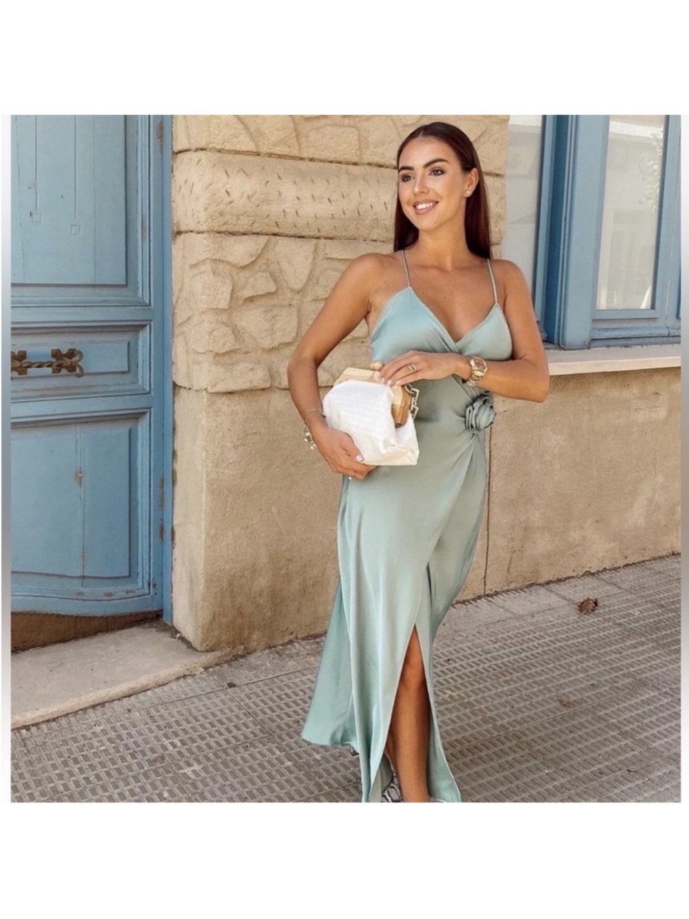 Zara Slip Dress with Side Slit in Sage Green